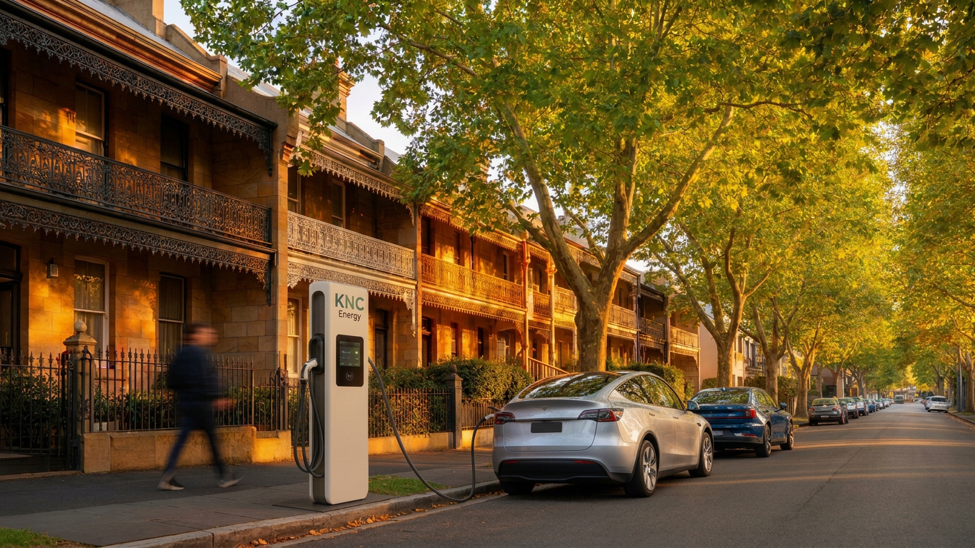 Clean-energy EV charger on a heritage tree-lined street in Melbourne's northern suburbs